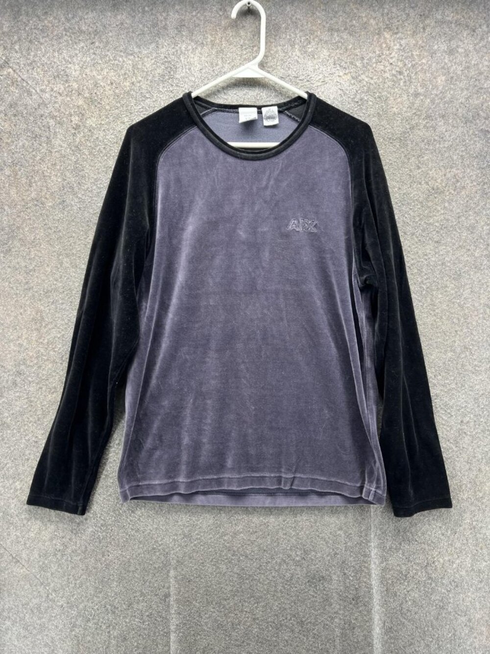 Armani Exchange Shirt Men Medium Gray Black Velour Long Sleeve Logo Crewneck